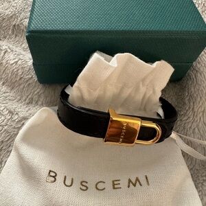 Buscemi Black Leather Belt Bracelet with Gold Accent